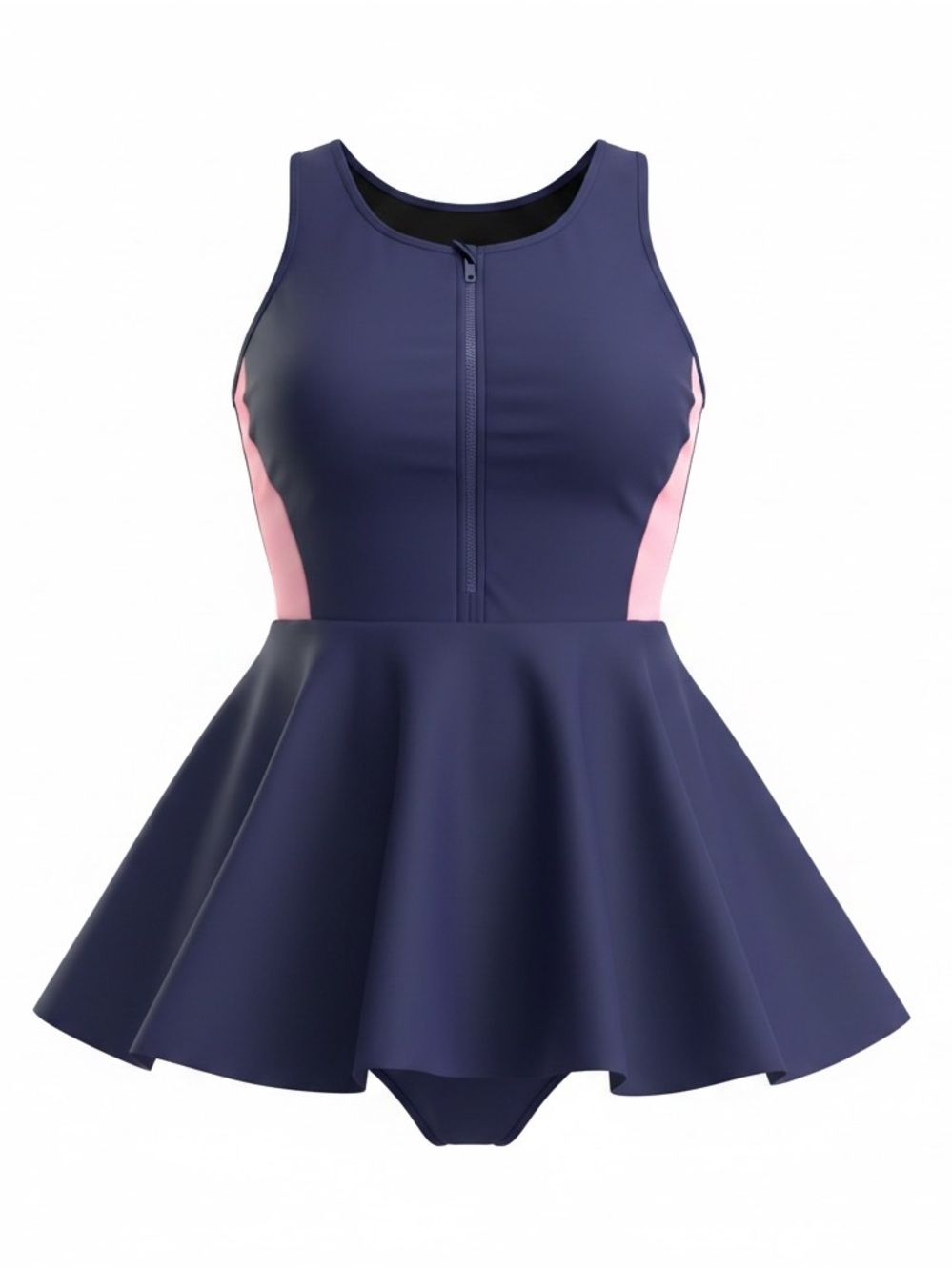 Women’s Navy Blue Swim Dress One-Piece Zip Front Skirted Swimsuit